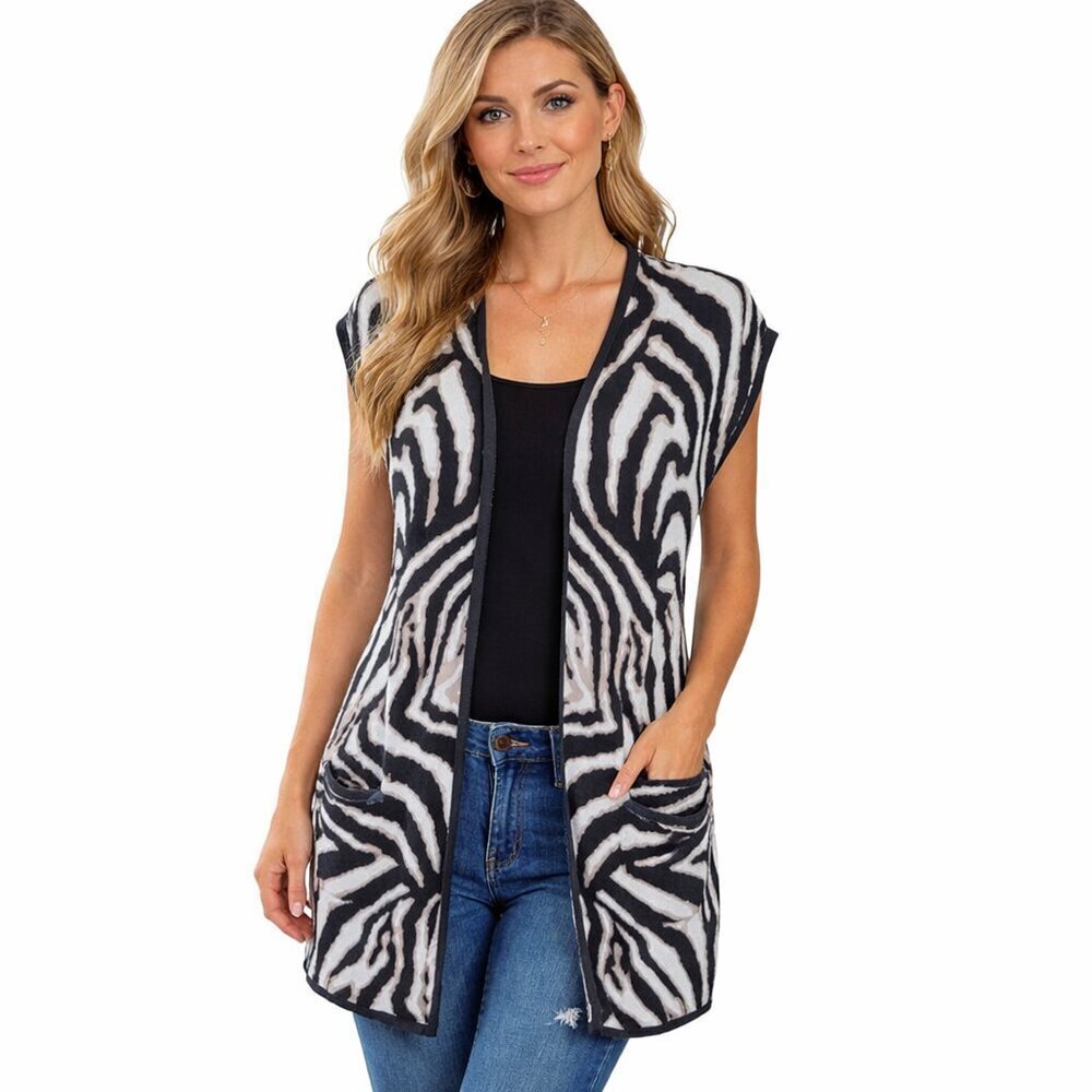 Chicos Longline Cardigan Size 0 S 4 Pockets Open Front Cap Sleeve Animal Print